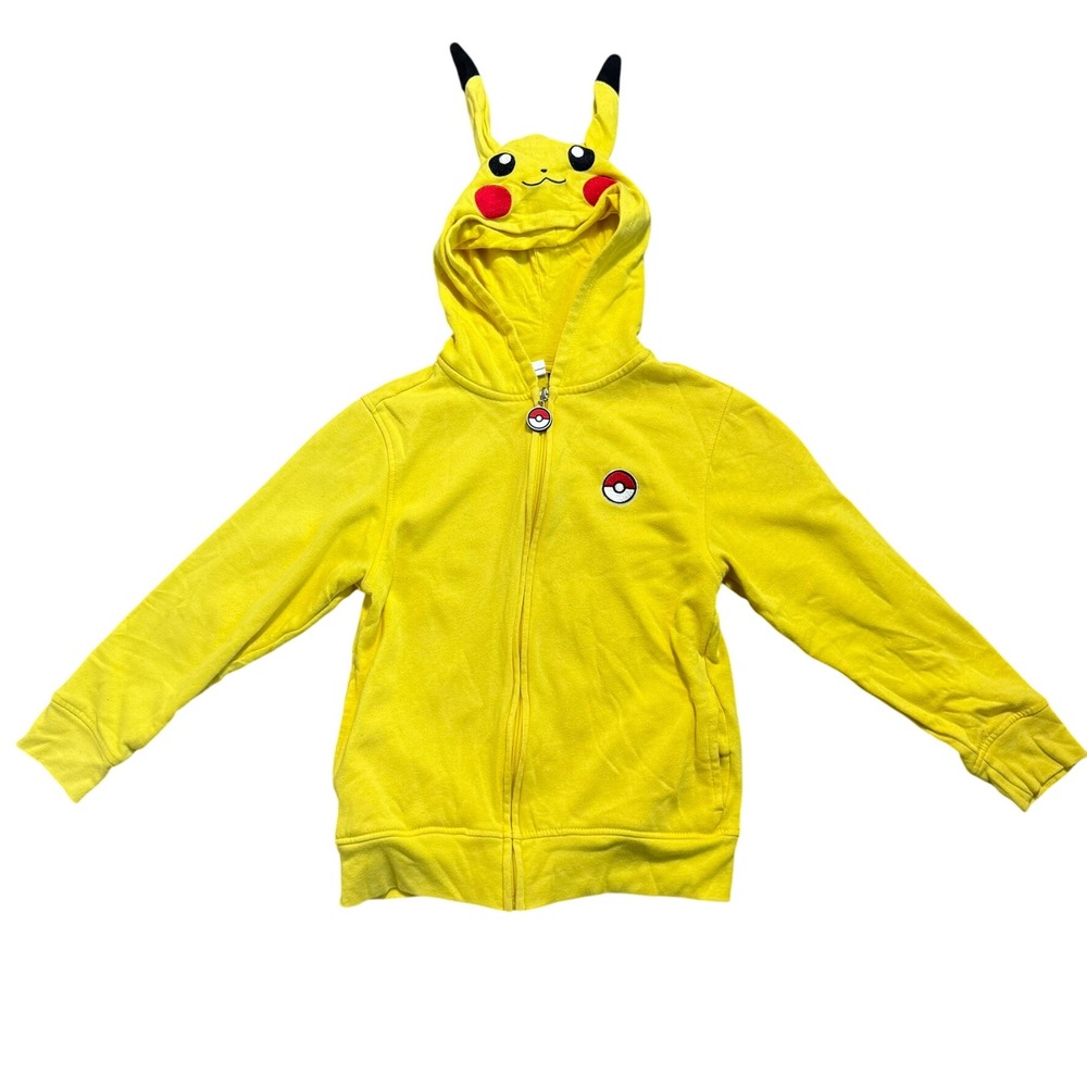 POKEMON Pikachu Kids Medium 8-10 Yellow Full Zip Hoodie Character Ears Pokeball